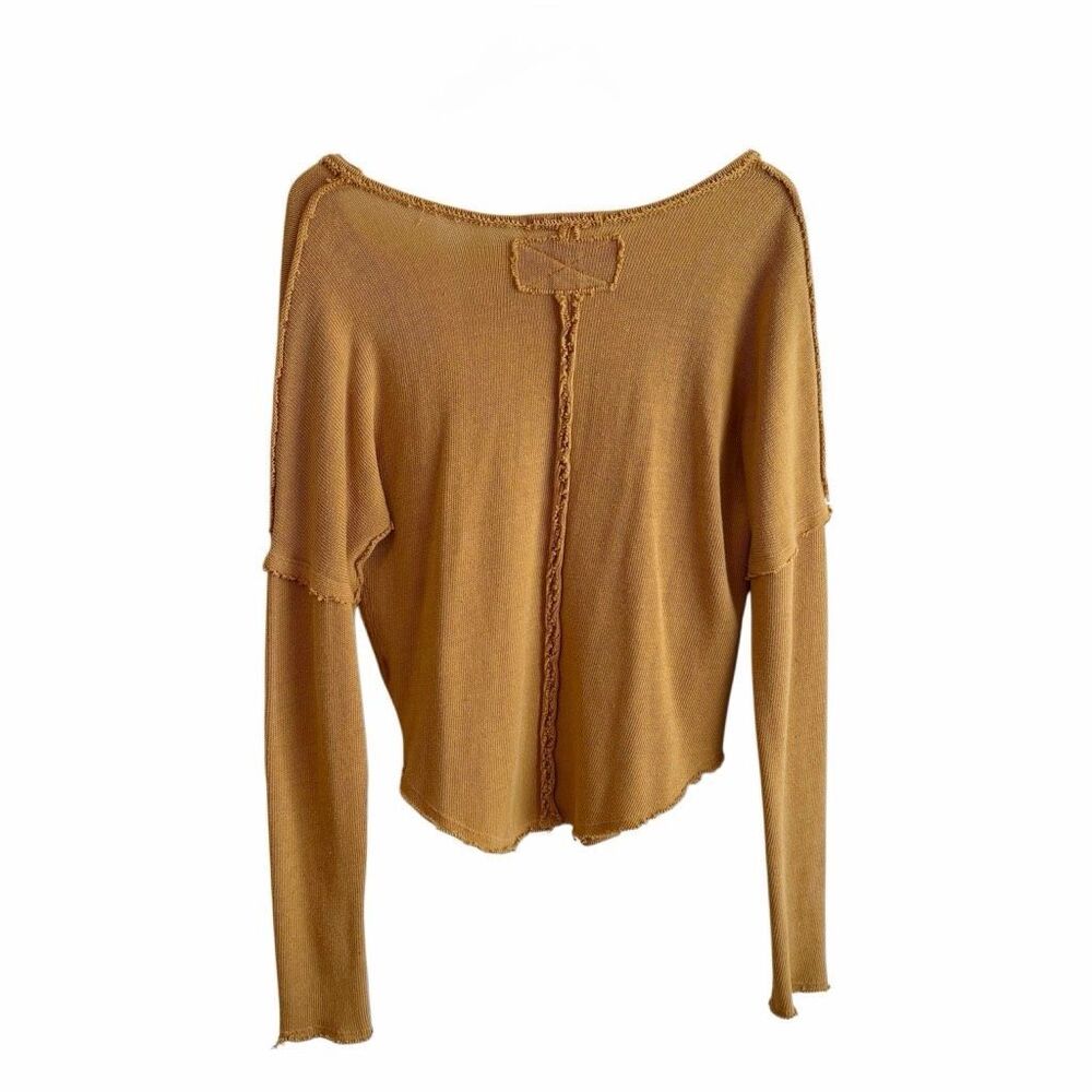 FREE PEOPLE Mustard Yellow Distressed Sweater Size Small V-Neck - Picture 9 of 12